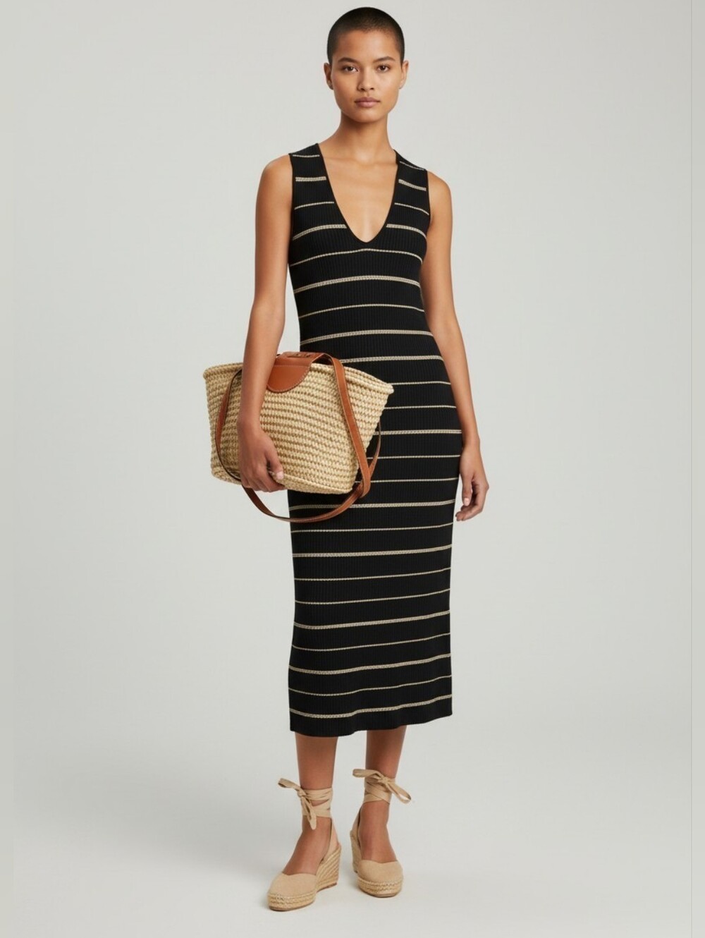 Lauren Ralph Lauren Linen Urban Traveler Striped Midi Tank Dress Black Beige M